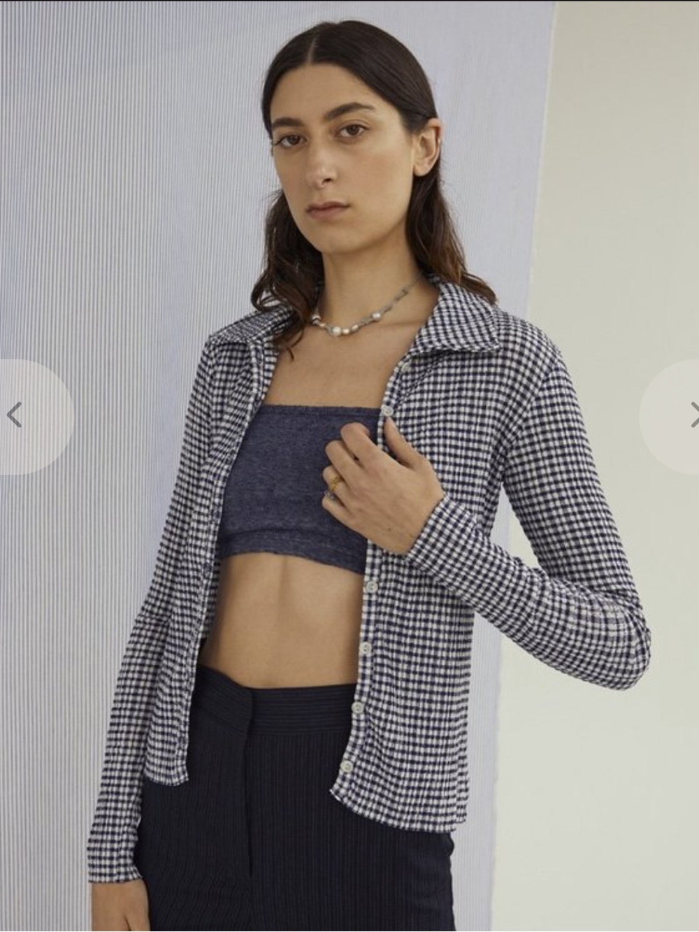 Navy‎ Gingham Fitted Button Front Top 90s Preppy Tenniscore Coastal Style